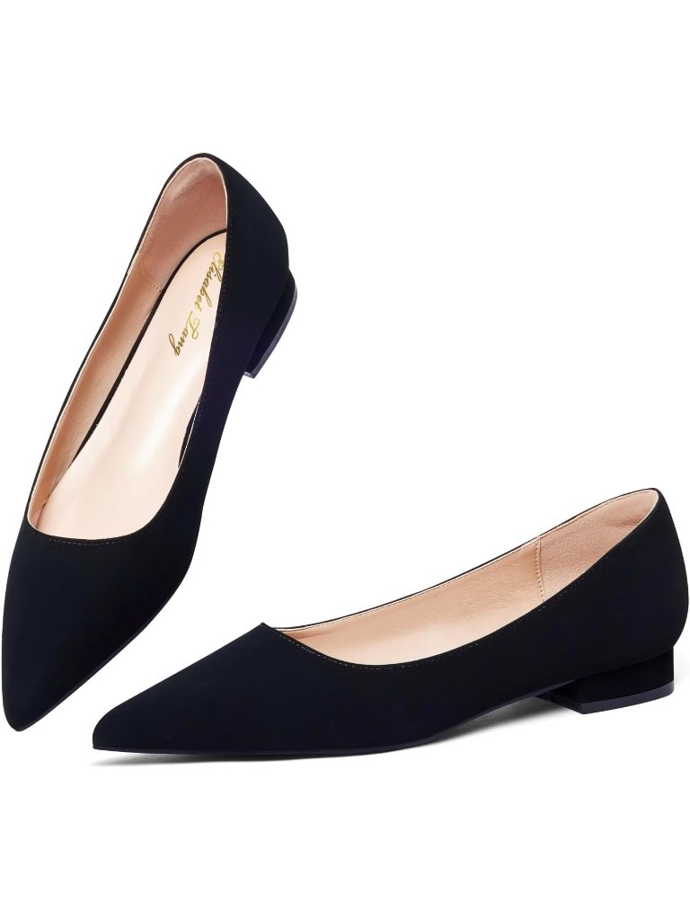 Women's Black Flats Pointed Toe Casual Chunky Flats Slip On Comfortable Shoes